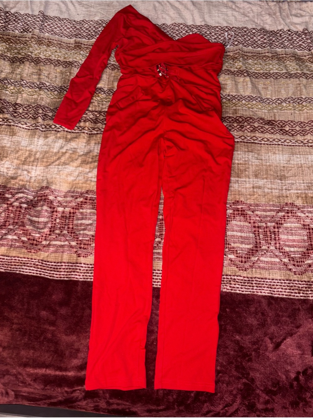 Red One-Shoulder Jumpsuit with Waist Accent